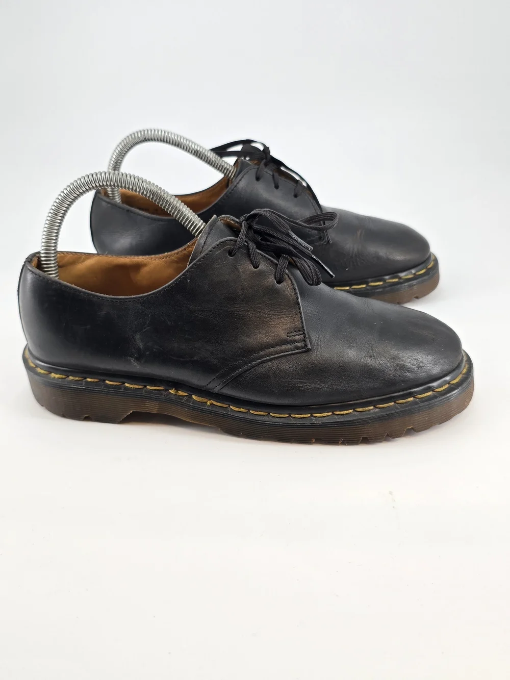 Dr. Martens Black Leather Derby Shoes with Yellow Welt Stitching